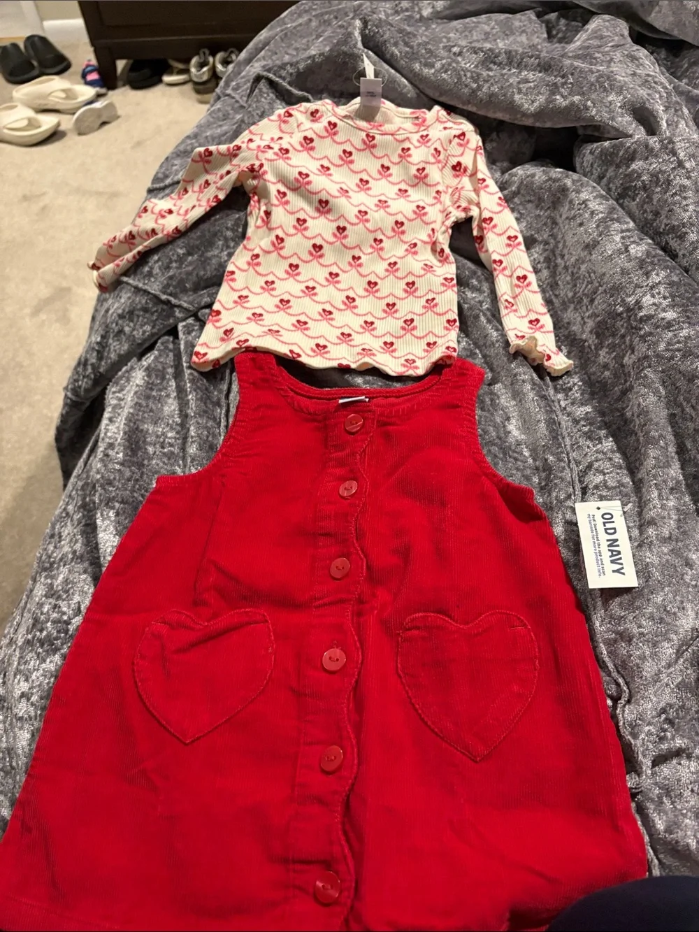Old Navy Red Corduroy Pinafore Dress with Cream Heart-Print Top